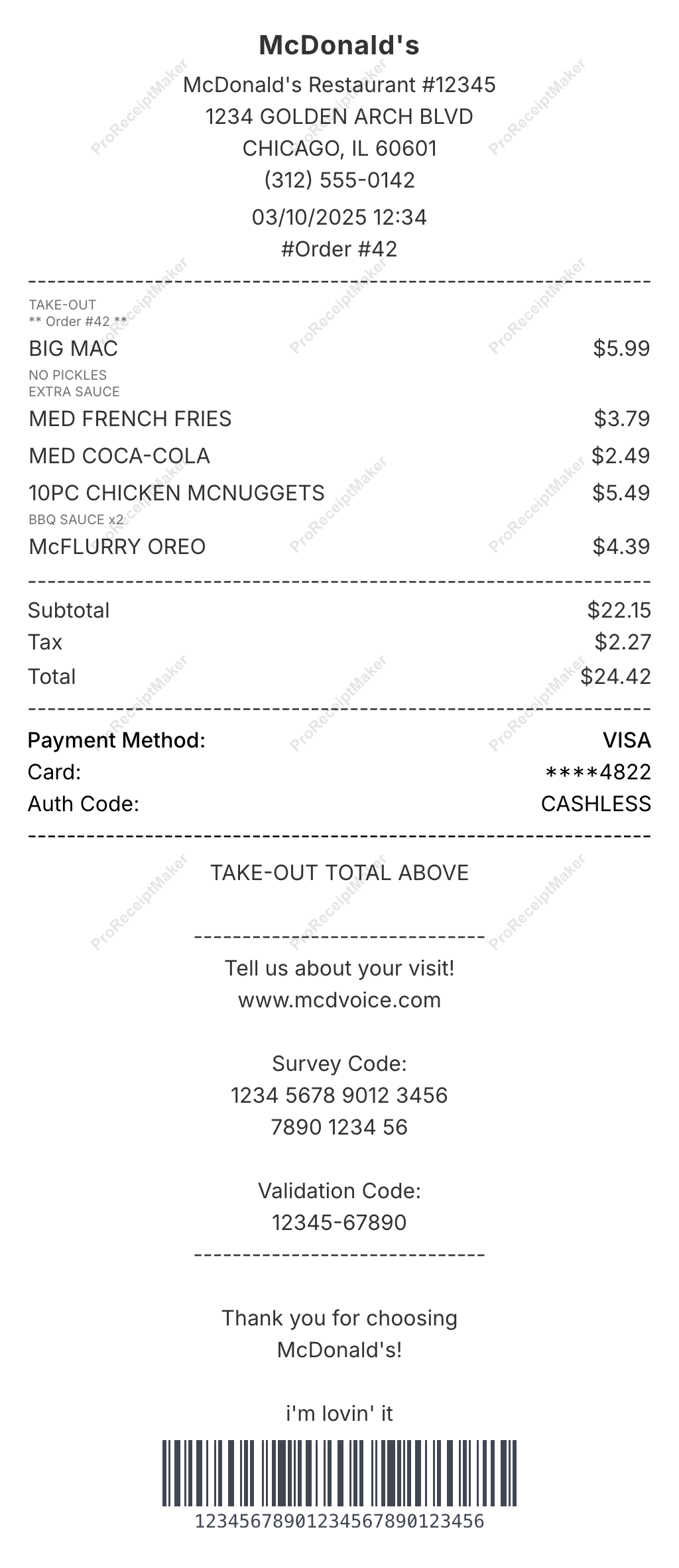 Create a McDonald's receipt online McDonald's receipt template preview - free restaurant receipt generator