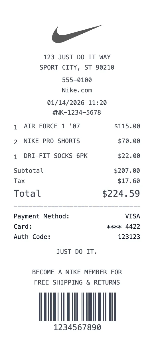 Create a Nike Store receipt online Nike Store receipt template preview - free retail receipt generator