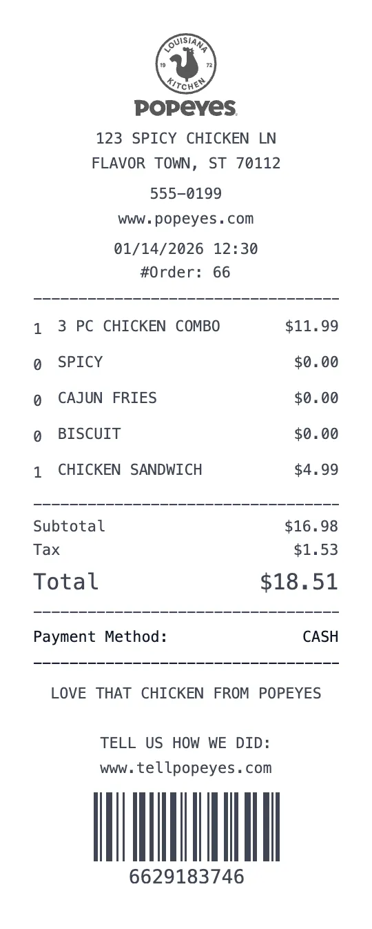 Create a Popeyes receipt online Popeyes receipt template preview - free restaurant receipt generator