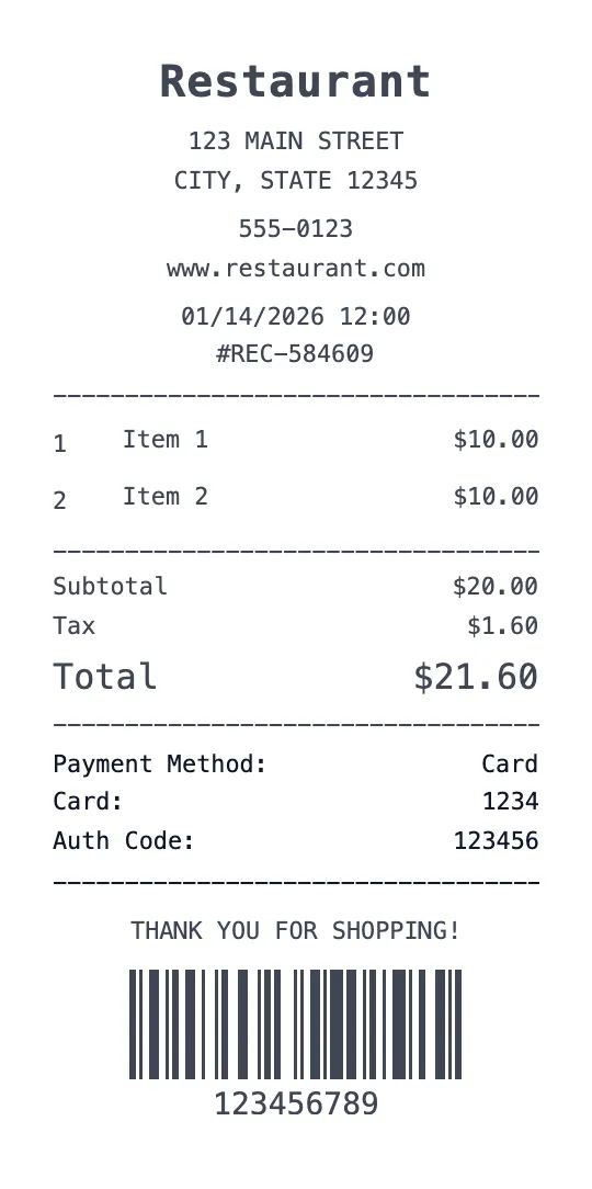 Create a Restaurant receipt online Restaurant receipt template preview - free restaurant receipt generator