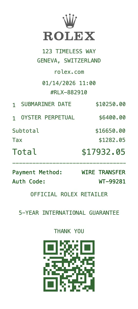 Create a Rolex receipt online Rolex receipt template preview - free luxury receipt generator