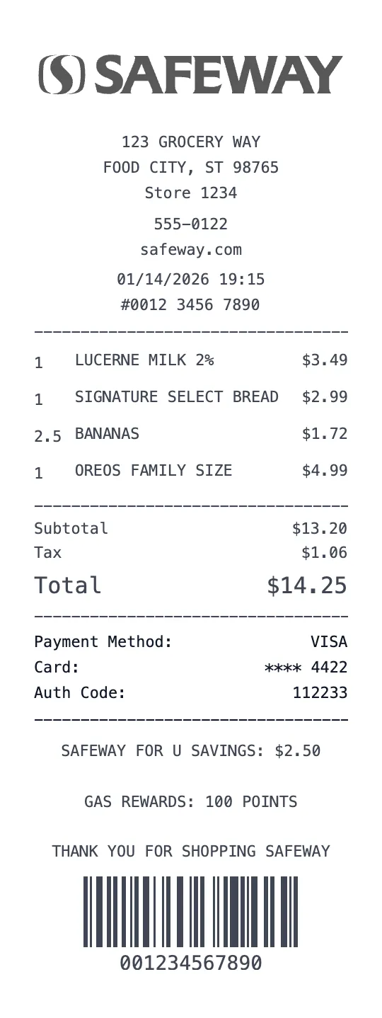 Create a Safeway receipt online Safeway receipt template preview - free grocery receipt generator