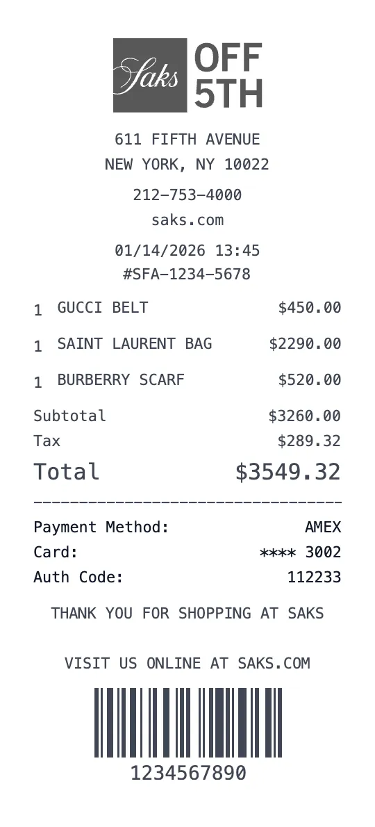Create a Saks Fifth Avenue receipt online Saks Fifth Avenue receipt template preview - free luxury receipt generator
