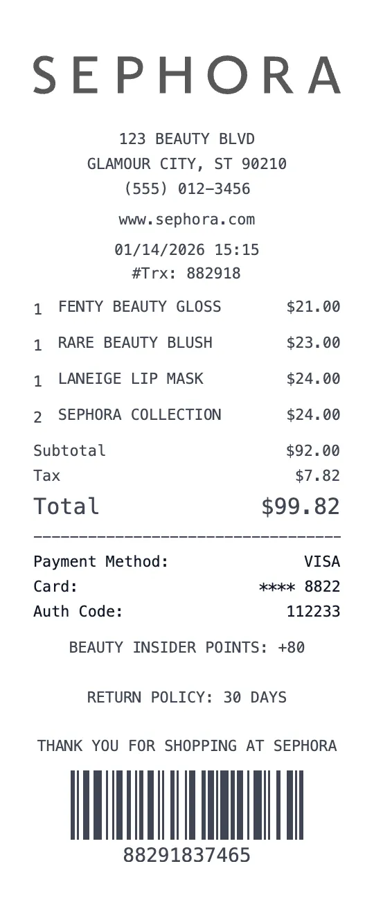 Create a Sephora receipt online Sephora receipt template preview - free beauty receipt generator