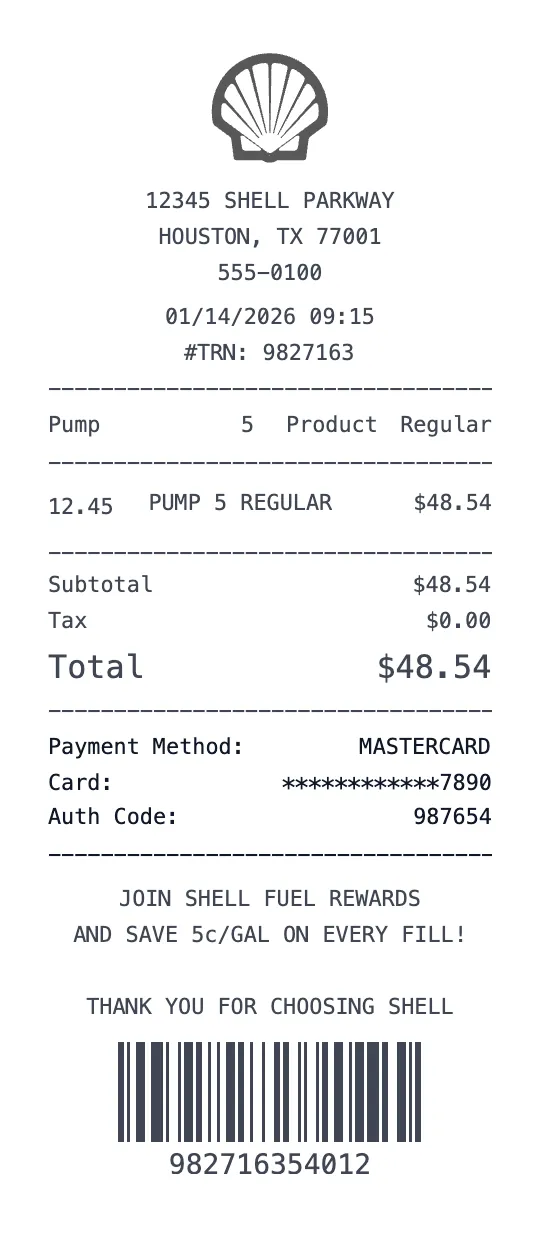 Create a Shell Station receipt online Shell Station receipt template preview - free gas receipt generator