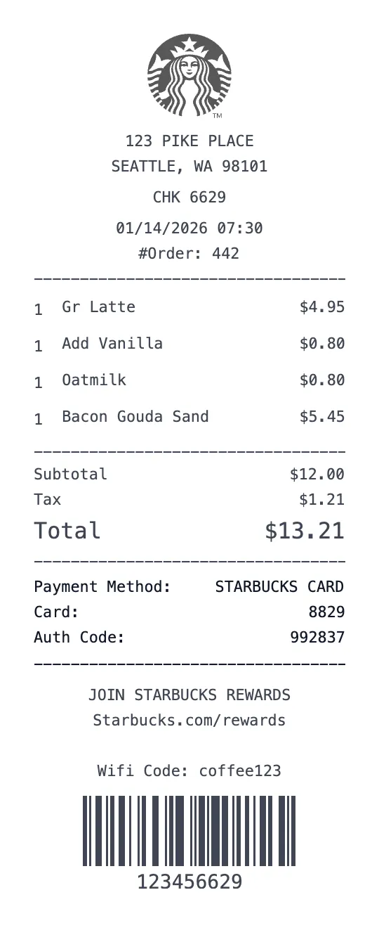 Create a Starbucks Coffee receipt online Starbucks Coffee receipt template preview - free coffee & cafe receipt generator