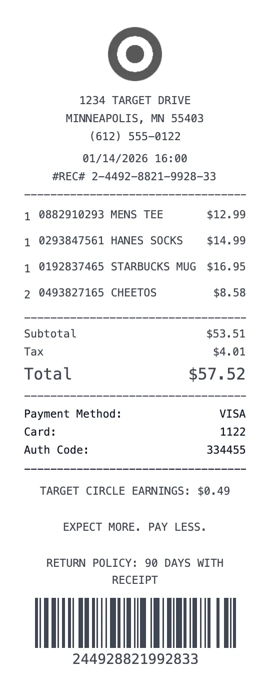 Create a Target receipt online Target receipt template preview - free retail receipt generator