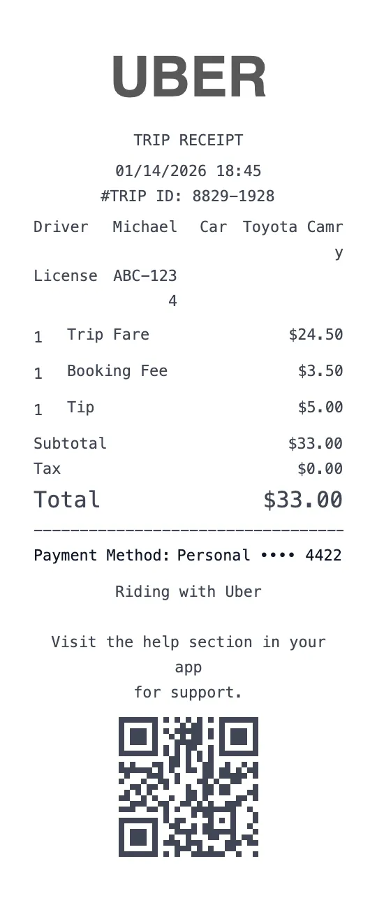Create a Uber Trip receipt online Uber Trip receipt template preview - free taxi receipt generator