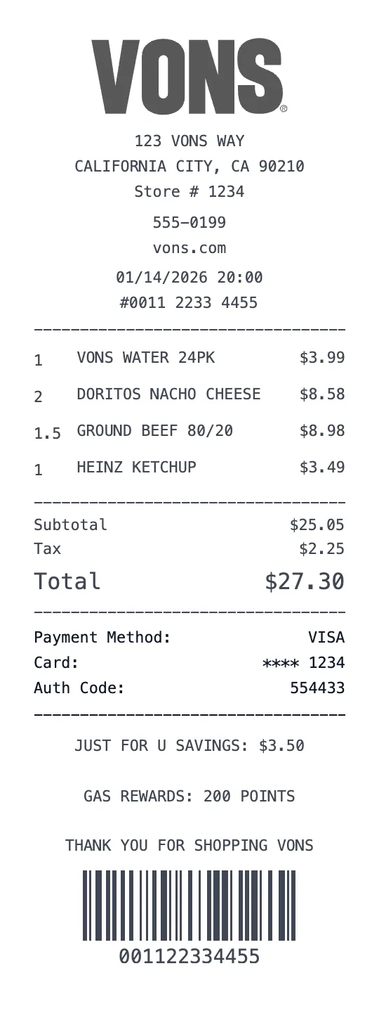 Create a Vons receipt online Vons receipt template preview - free grocery receipt generator