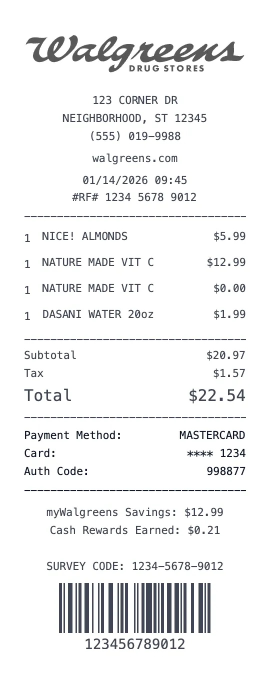 Create a Walgreens receipt online Walgreens receipt template preview - free pharmacy & medical receipt generator
