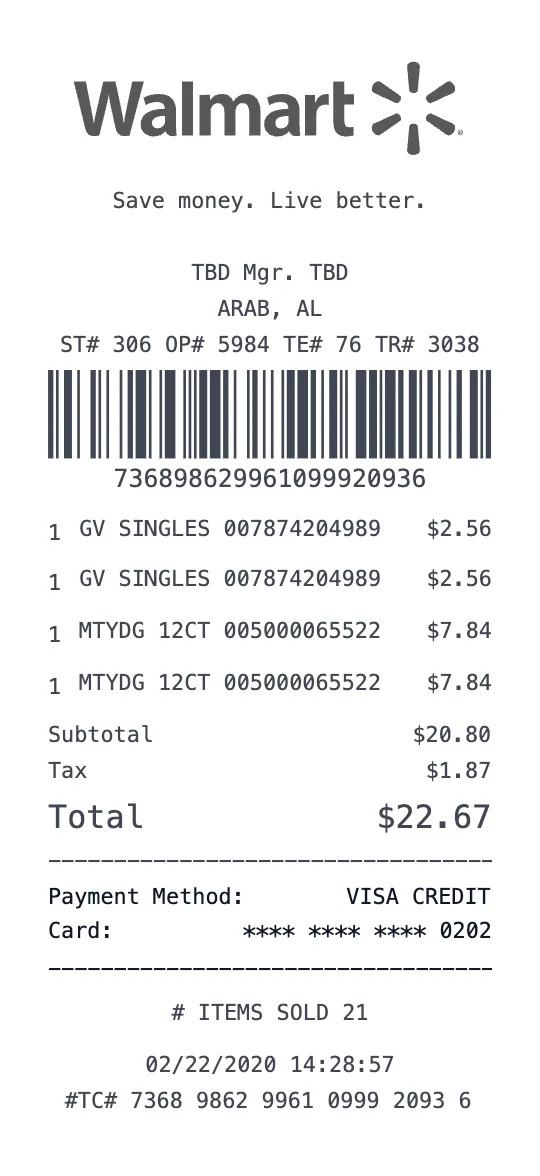 Create a Walmart Supercenter receipt online Walmart Supercenter receipt template preview - free grocery receipt generator
