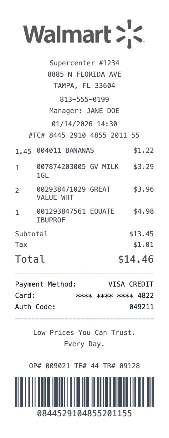 Create a Walmart Supercenter receipt online Walmart Supercenter receipt template preview - free grocery receipt generator