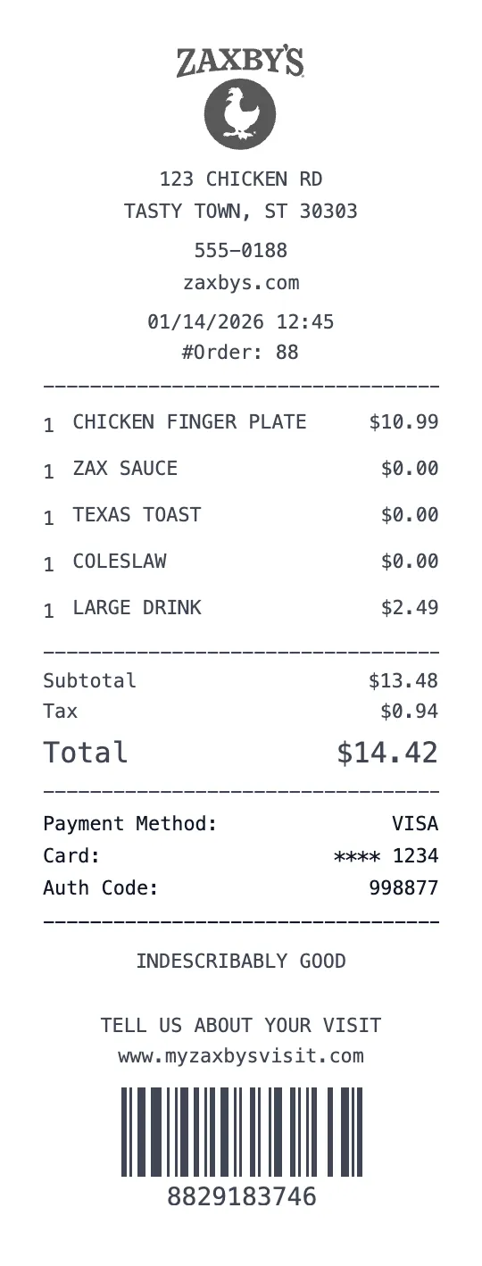 Create a Zaxby's receipt online Zaxby's receipt template preview - free restaurant receipt generator